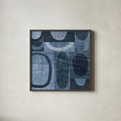 Modern Geometric Indigo and Navy I by Michael Mullan. Shown in a sleek black glass frame for a contemporary gallery look. Available as an archival giclee rolled canvas, fine art paper, or poster print. SKU 18353a.