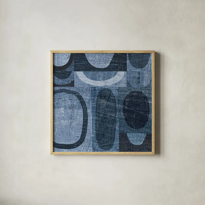 Modern Geometric Indigo and Navy I by Michael Mullan. Shown in a natural wood glass frame for a timeless modern aesthetic. Available as an archival giclee rolled canvas, fine art paper, or poster print. SKU 18353a.