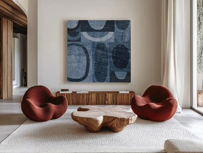 Modern Geometric Indigo and Navy I by Michael Mullan. Shown as extra-large giant wall art in a modern living room. Available as an archival giclee rolled canvas, fine art paper, or poster print. SKU 18353a.