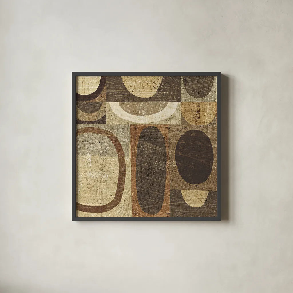 Modern Geometric Neutral I by Michael Mullan. Shown in a sleek black glass frame for a contemporary gallery look. Available as an archival giclee rolled canvas, fine art paper, or poster print. SKU 12507a.