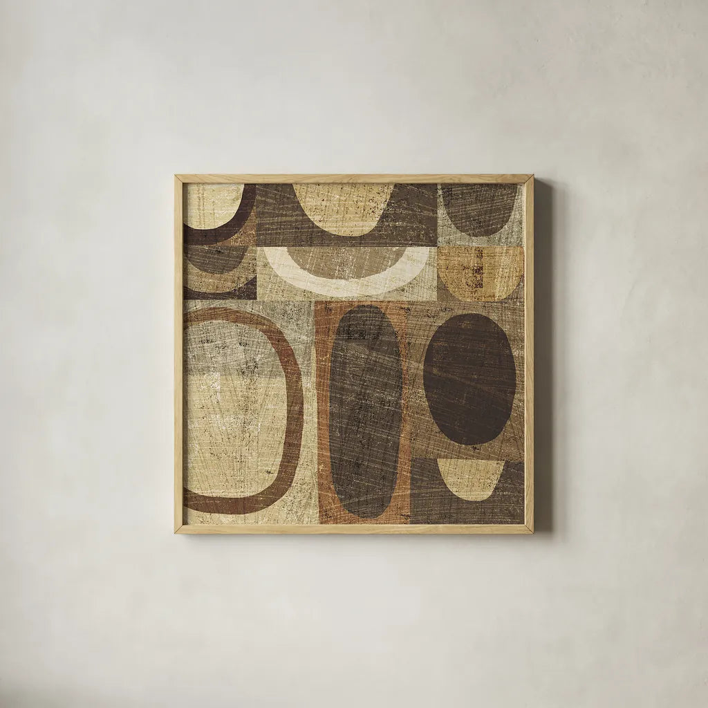 Modern Geometric Neutral I by Michael Mullan. Shown in a natural wood glass frame for a timeless modern aesthetic. Available as an archival giclee rolled canvas, fine art paper, or poster print. SKU 12507a.