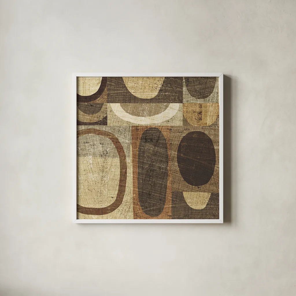 Modern Geometric Neutral I by Michael Mullan. Shown in a crisp white glass frame for a clean and minimalist style. Available as an archival giclee rolled canvas, fine art paper, or poster print. SKU 12507a.