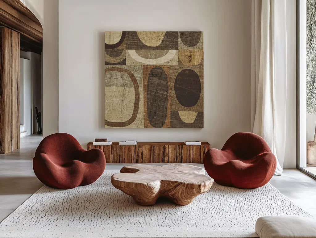 Modern Geometric Neutral I by Michael Mullan. Shown as extra-large giant wall art in a modern living room. Available as an archival giclee rolled canvas, fine art paper, or poster print. SKU 12507a.