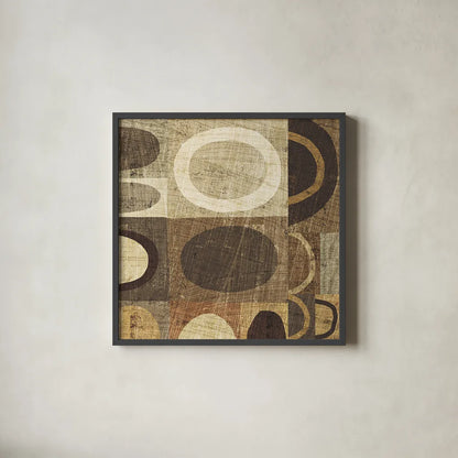 Modern Geometric Neutral II by Michael Mullan. Shown in a sleek black glass frame for a contemporary gallery look. Available as an archival giclee rolled canvas, fine art paper, or poster print. SKU 12508a.