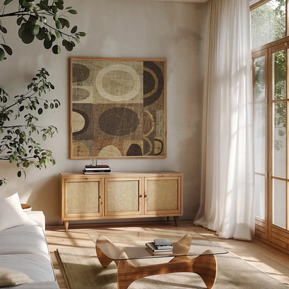 Modern Geometric Neutral II by Michael Mullan. Shown in a natural wood frame in a cozy modern living room. Available as an archival giclee rolled canvas, fine art paper, or poster print. SKU 12508a.