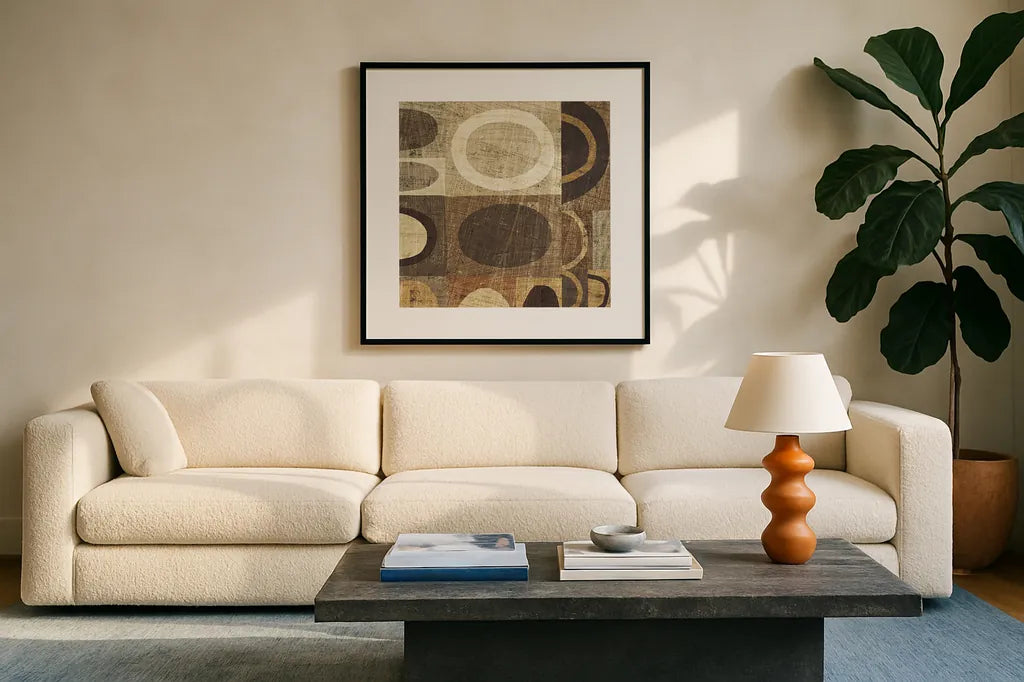 Modern Geometric Neutral II by Michael Mullan. Displayed in a glass frame with matte in a clean modern living room. Available as an archival giclee rolled canvas, fine art paper, or poster print. SKU 12508a.