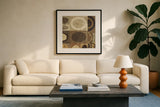 Modern Geometric Neutral II by Michael Mullan. Displayed in a glass frame with matte in a clean modern living room. Available as an archival giclee rolled canvas, fine art paper, or poster print. SKU 12508a.