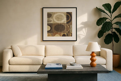 Modern Geometric Neutral II by Michael Mullan. Displayed in a glass frame with matte in a clean modern living room. Available as an archival giclee rolled canvas, fine art paper, or poster print. SKU 12508a.