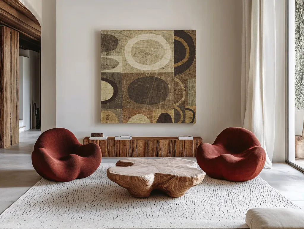 Modern Geometric Neutral II by Michael Mullan. Shown as extra-large giant wall art in a modern living room. Available as an archival giclee rolled canvas, fine art paper, or poster print. SKU 12508a.