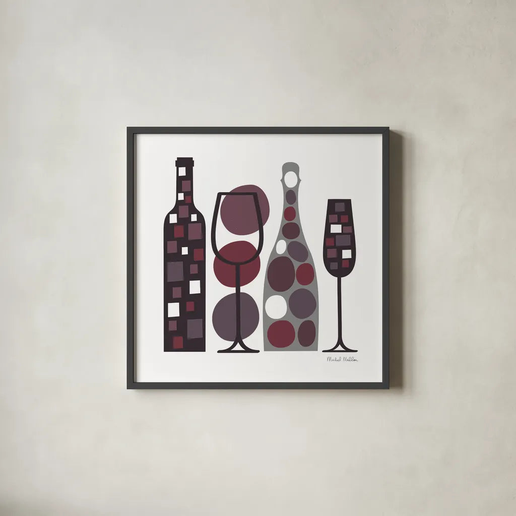 Modern Kitchen Square I Wine Red by Michael Mullan. Shown in a sleek black glass frame for a contemporary gallery look. Available as an archival giclee rolled canvas, fine art paper, or poster print. SKU 77326a.