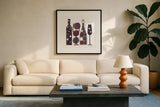 Modern Kitchen Square I Wine Red by Michael Mullan. Displayed in a glass frame with matte in a clean modern living room. Available as an archival giclee rolled canvas, fine art paper, or poster print. SKU 77326a.