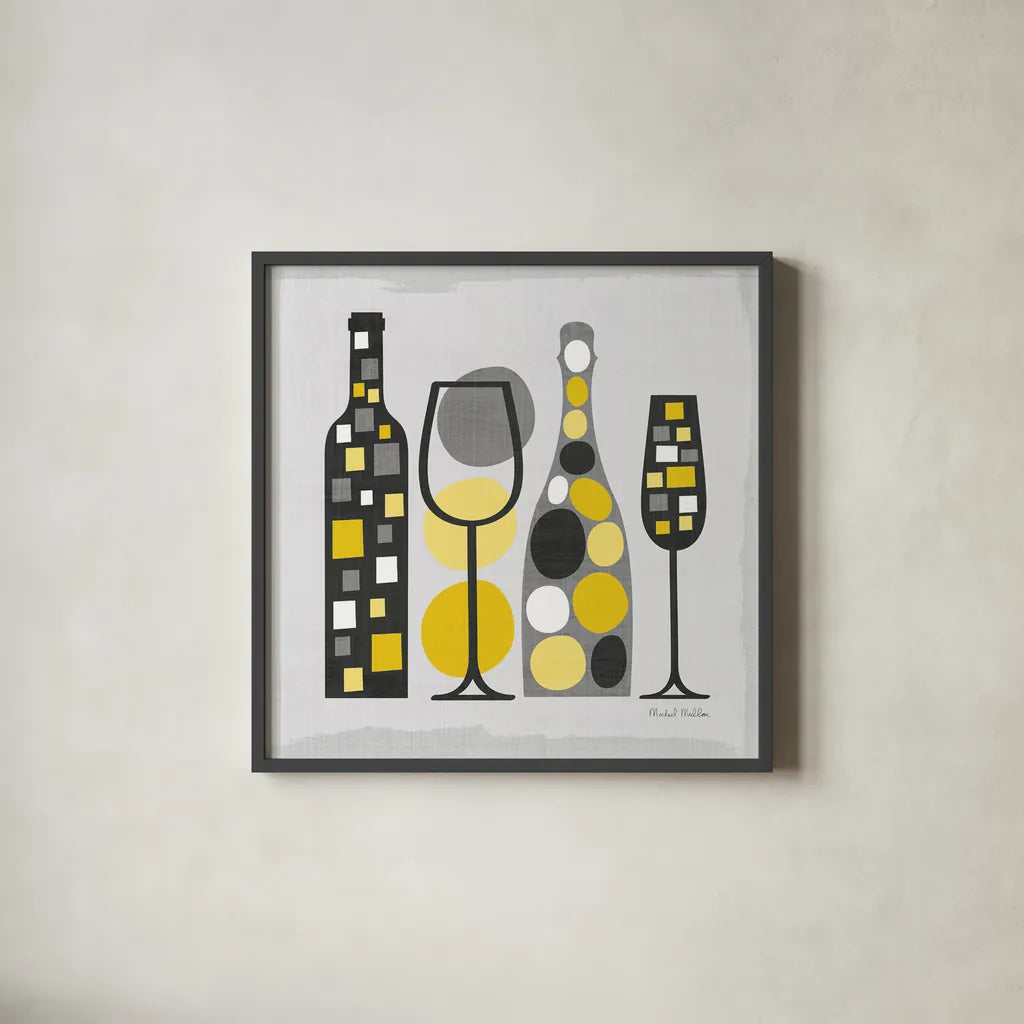 Modern Kitchen Square I Yellow by Michael Mullan. Shown in a sleek black glass frame for a contemporary gallery look. Available as an archival giclee rolled canvas, fine art paper, or poster print. SKU 74902a.