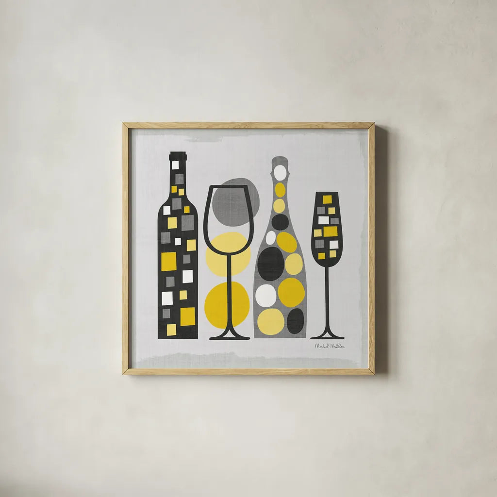 Modern Kitchen Square I Yellow by Michael Mullan. Shown in a natural wood glass frame for a timeless modern aesthetic. Available as an archival giclee rolled canvas, fine art paper, or poster print. SKU 74902a.
