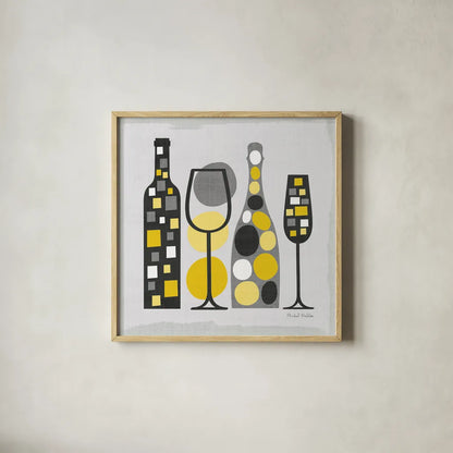 Modern Kitchen Square I Yellow by Michael Mullan. Shown in a natural wood glass frame for a timeless modern aesthetic. Available as an archival giclee rolled canvas, fine art paper, or poster print. SKU 74902a.