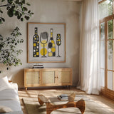 Modern Kitchen Square I Yellow by Michael Mullan. Shown in a natural wood frame in a cozy modern living room. Available as an archival giclee rolled canvas, fine art paper, or poster print. SKU 74902a.