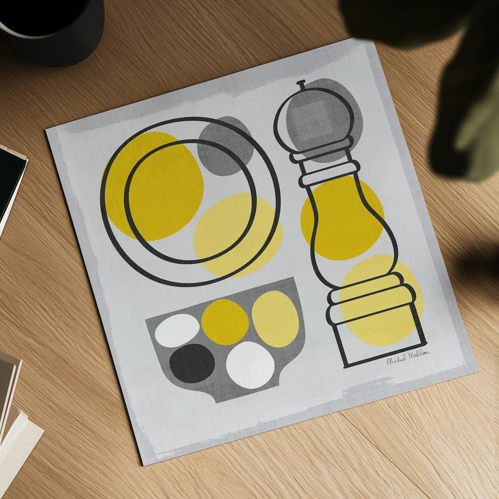 Modern Kitchen Square II Yellow by Michael Mullan. Shown as a detailed flat fine art print, highlighting archival giclee quality. Available as an archival giclee rolled canvas, fine art paper, or poster print. SKU 74903a.