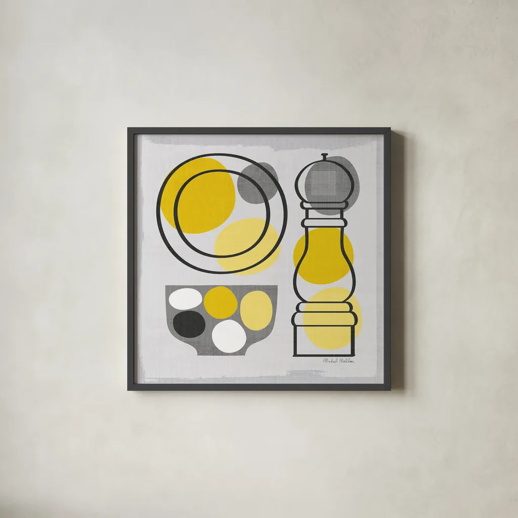 Modern Kitchen Square II Yellow by Michael Mullan. Shown in a sleek black glass frame for a contemporary gallery look. Available as an archival giclee rolled canvas, fine art paper, or poster print. SKU 74903a.