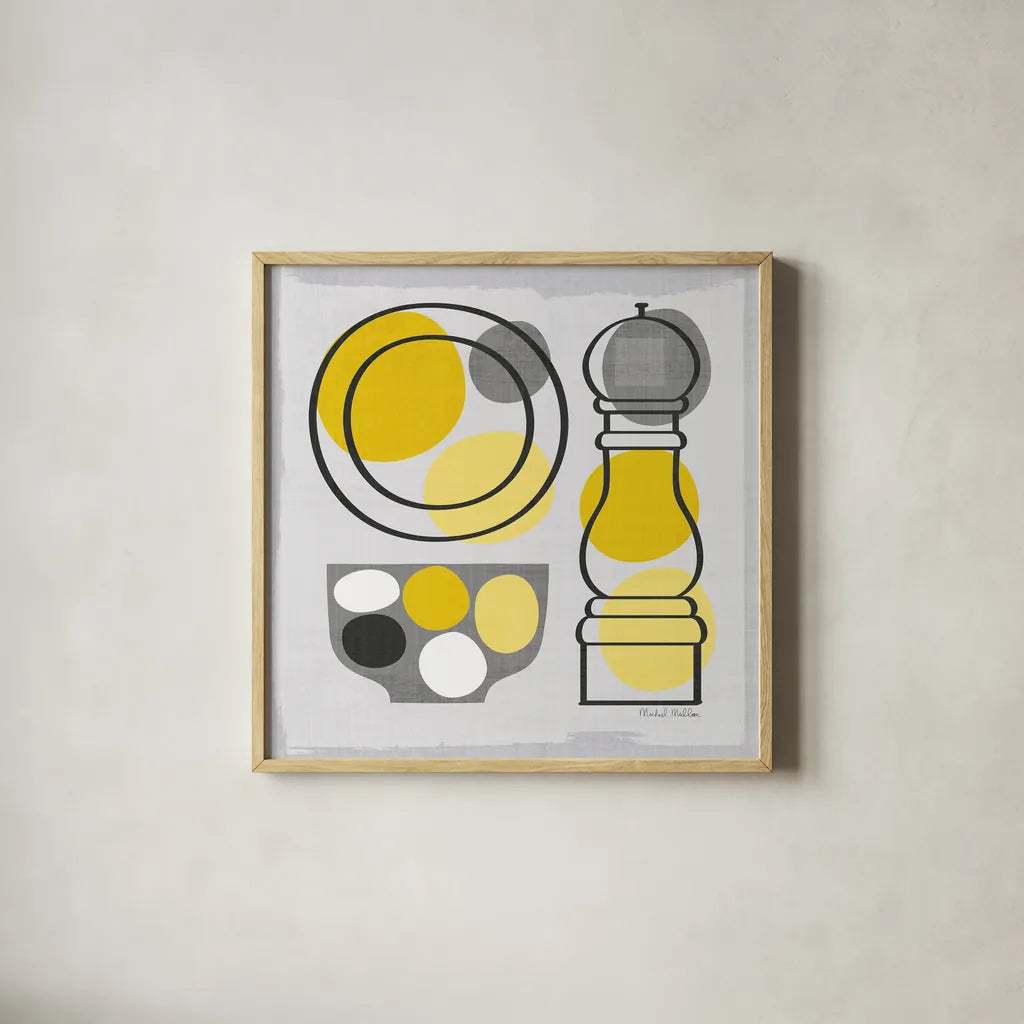 Modern Kitchen Square II Yellow by Michael Mullan. Shown in a natural wood glass frame for a timeless modern aesthetic. Available as an archival giclee rolled canvas, fine art paper, or poster print. SKU 74903a.