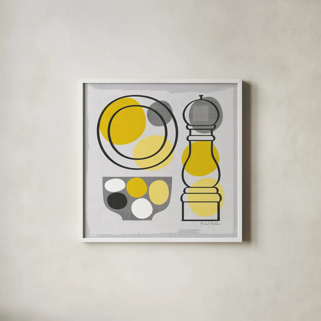 Modern Kitchen Square II Yellow by Michael Mullan. Shown in a crisp white glass frame for a clean and minimalist style. Available as an archival giclee rolled canvas, fine art paper, or poster print. SKU 74903a.