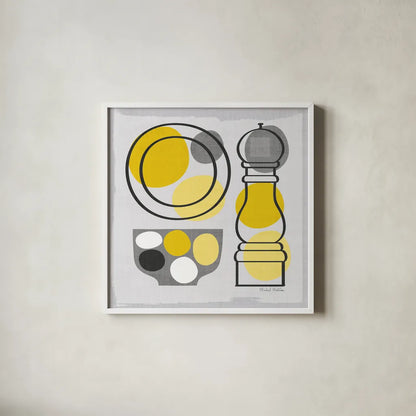 Modern Kitchen Square II Yellow by Michael Mullan. Shown in a crisp white glass frame for a clean and minimalist style. Available as an archival giclee rolled canvas, fine art paper, or poster print. SKU 74903a.