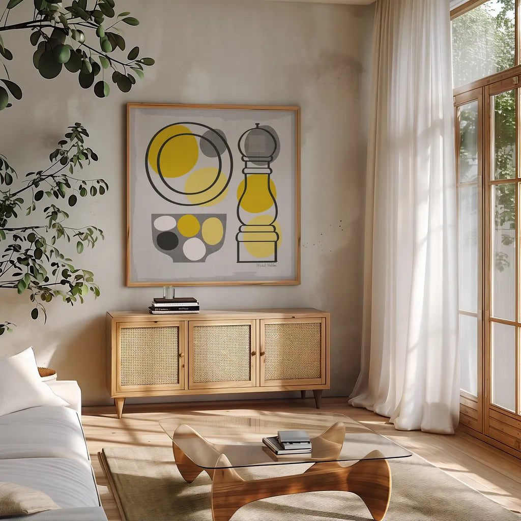 Modern Kitchen Square II Yellow by Michael Mullan. Shown in a natural wood frame in a cozy modern living room. Available as an archival giclee rolled canvas, fine art paper, or poster print. SKU 74903a.
