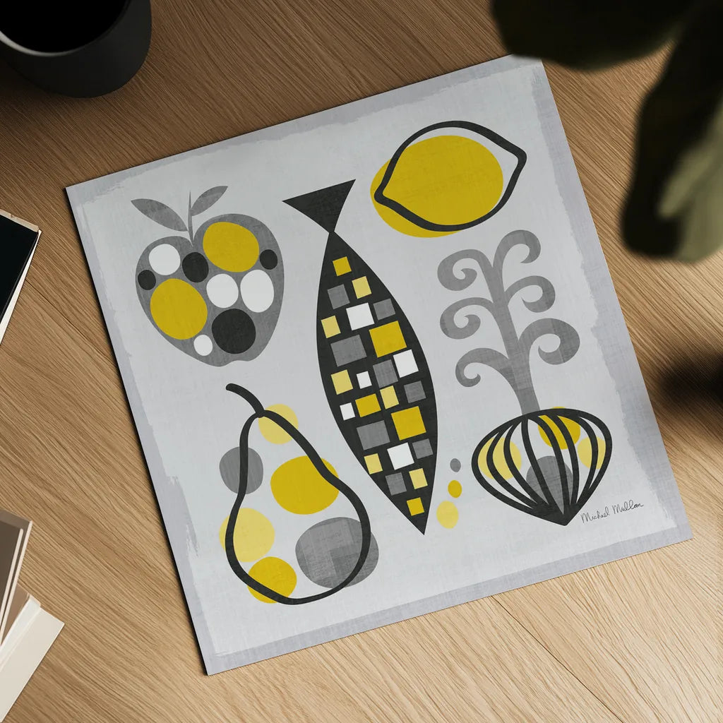 Modern Kitchen Square III Yellow by Michael Mullan. Shown as a detailed flat fine art print, highlighting archival giclee quality. Available as an archival giclee rolled canvas, fine art paper, or poster print. SKU 74904a.