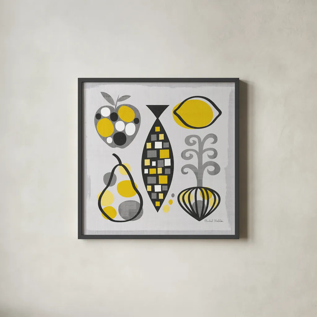 Modern Kitchen Square III Yellow by Michael Mullan. Shown in a sleek black glass frame for a contemporary gallery look. Available as an archival giclee rolled canvas, fine art paper, or poster print. SKU 74904a.