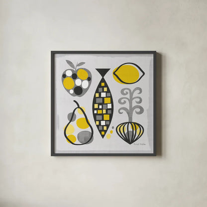 Modern Kitchen Square III Yellow by Michael Mullan. Shown in a sleek black glass frame for a contemporary gallery look. Available as an archival giclee rolled canvas, fine art paper, or poster print. SKU 74904a.