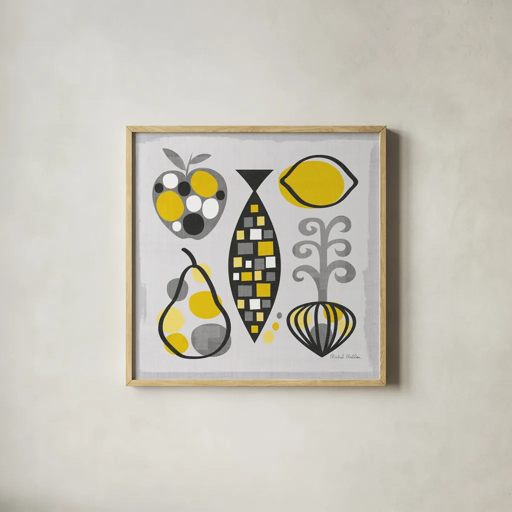 Modern Kitchen Square III Yellow by Michael Mullan. Shown in a natural wood glass frame for a timeless modern aesthetic. Available as an archival giclee rolled canvas, fine art paper, or poster print. SKU 74904a.