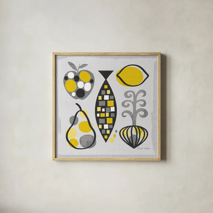 Modern Kitchen Square III Yellow by Michael Mullan. Shown in a natural wood glass frame for a timeless modern aesthetic. Available as an archival giclee rolled canvas, fine art paper, or poster print. SKU 74904a.