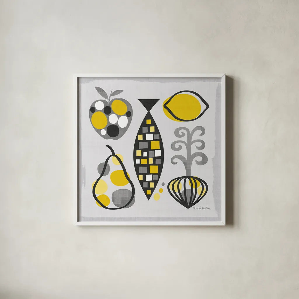 Modern Kitchen Square III Yellow by Michael Mullan. Shown in a crisp white glass frame for a clean and minimalist style. Available as an archival giclee rolled canvas, fine art paper, or poster print. SKU 74904a.
