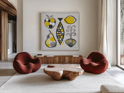 Modern Kitchen Square III Yellow by Michael Mullan. Shown as extra-large giant wall art in a modern living room. Available as an archival giclee rolled canvas, fine art paper, or poster print. SKU 74904a.