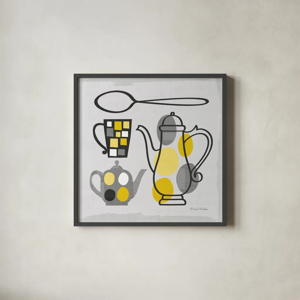 Modern Kitchen Square IV Yellow by Michael Mullan. Shown in a sleek black glass frame for a contemporary gallery look. Available as an archival giclee rolled canvas, fine art paper, or poster print. SKU 74905a.