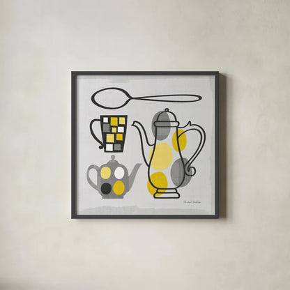 Modern Kitchen Square IV Yellow by Michael Mullan. Shown in a sleek black glass frame for a contemporary gallery look. Available as an archival giclee rolled canvas, fine art paper, or poster print. SKU 74905a.