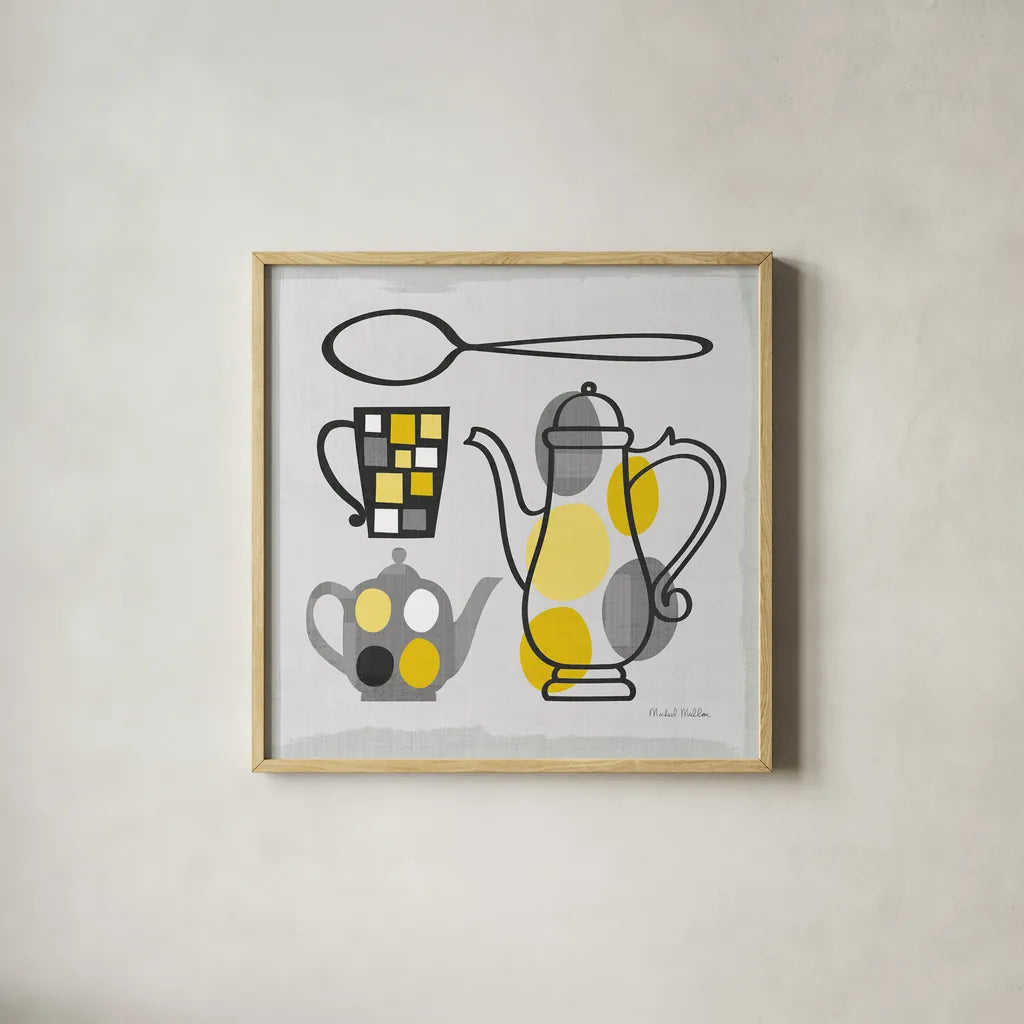 Modern Kitchen Square IV Yellow by Michael Mullan. Shown in a natural wood glass frame for a timeless modern aesthetic. Available as an archival giclee rolled canvas, fine art paper, or poster print. SKU 74905a.