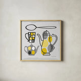 Modern Kitchen Square IV Yellow by Michael Mullan. Shown in a natural wood glass frame for a timeless modern aesthetic. Available as an archival giclee rolled canvas, fine art paper, or poster print. SKU 74905a.