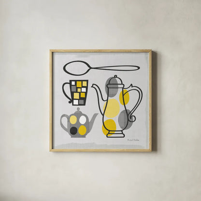 Modern Kitchen Square IV Yellow by Michael Mullan. Shown in a natural wood glass frame for a timeless modern aesthetic. Available as an archival giclee rolled canvas, fine art paper, or poster print. SKU 74905a.