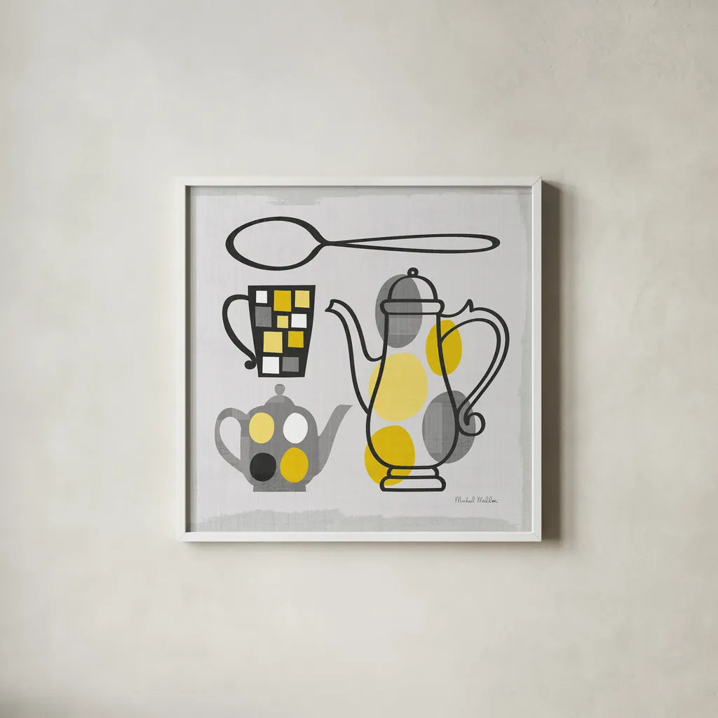 Modern Kitchen Square IV Yellow by Michael Mullan. Shown in a crisp white glass frame for a clean and minimalist style. Available as an archival giclee rolled canvas, fine art paper, or poster print. SKU 74905a.