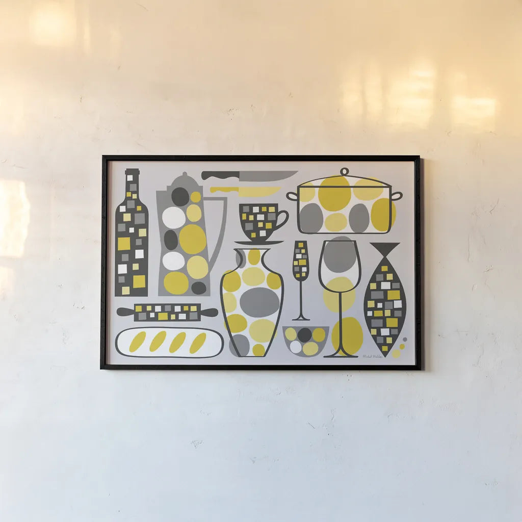 Modern Kitchen V Yellow by Michael Mullan. shown as a paper print in a black flame. Available as a archival giclee rolled canvas, fine art paper, or poster print. SKU 74906i.