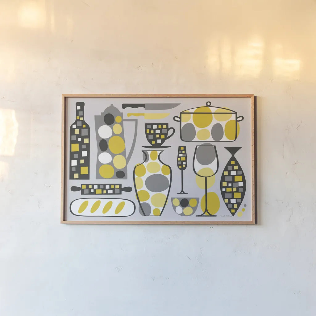Modern Kitchen V Yellow by Michael Mullan. shown as a paper print in a natural frame. Available as a archival giclee rolled canvas, fine art paper, or poster print. SKU 74906i.