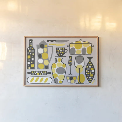 Modern Kitchen V Yellow by Michael Mullan. shown as a paper print in a natural frame. Available as a archival giclee rolled canvas, fine art paper, or poster print. SKU 74906i.