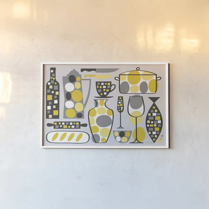 Modern Kitchen V Yellow by Michael Mullan. shown as a paper print in a white frame. Available as a archival giclee rolled canvas, fine art paper, or poster print. SKU 74906i.