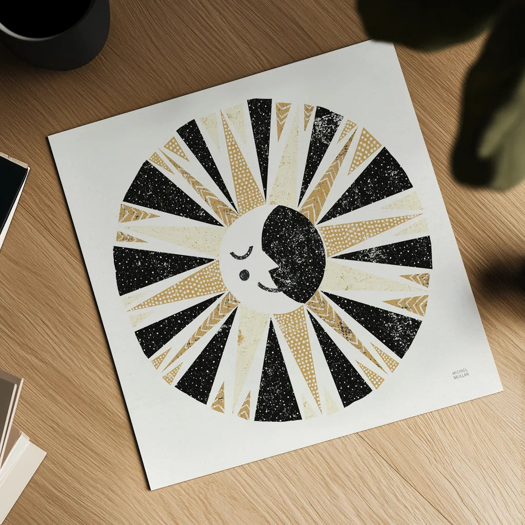 Moonshine Black Gold Sq by Michael Mullan. Shown as a detailed flat fine art print, highlighting archival giclee quality. Available as an archival giclee rolled canvas, fine art paper, or poster print. SKU 53757a.