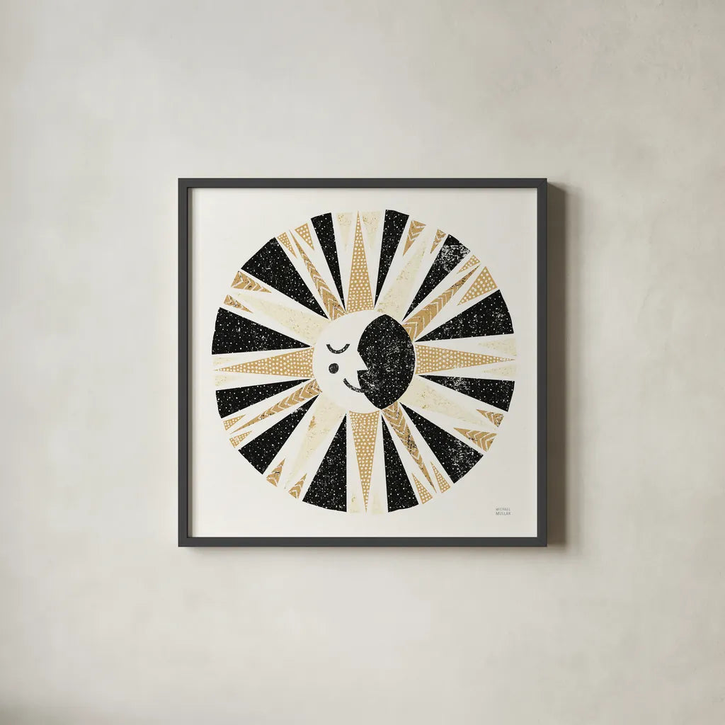 Moonshine Black Gold Sq by Michael Mullan. Shown in a sleek black glass frame for a contemporary gallery look. Available as an archival giclee rolled canvas, fine art paper, or poster print. SKU 53757a.