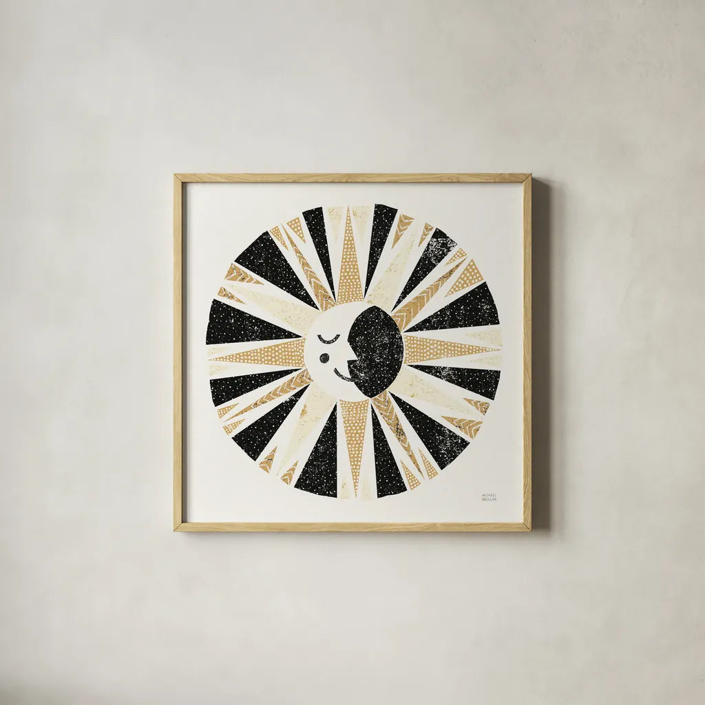 Moonshine Black Gold Sq by Michael Mullan. Shown in a natural wood glass frame for a timeless modern aesthetic. Available as an archival giclee rolled canvas, fine art paper, or poster print. SKU 53757a.