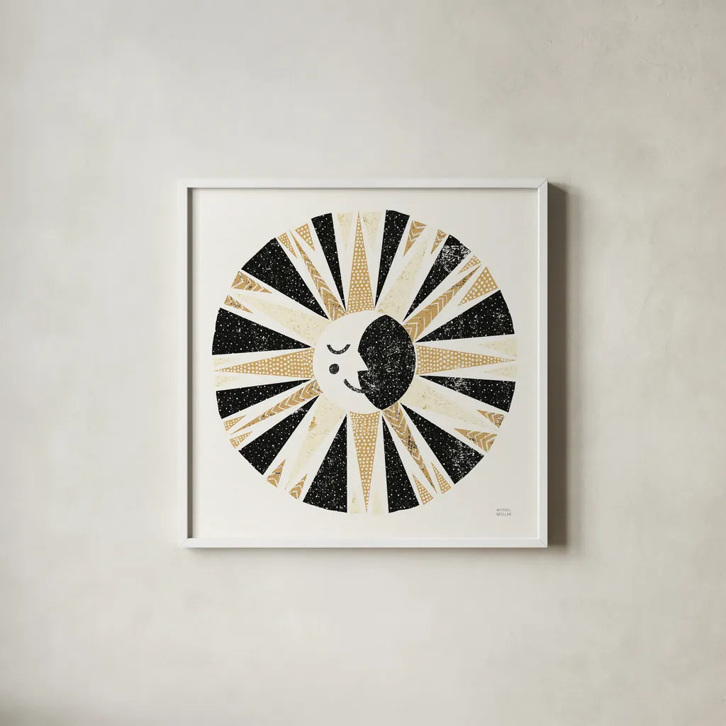 Moonshine Black Gold Sq by Michael Mullan. Shown in a crisp white glass frame for a clean and minimalist style. Available as an archival giclee rolled canvas, fine art paper, or poster print. SKU 53757a.