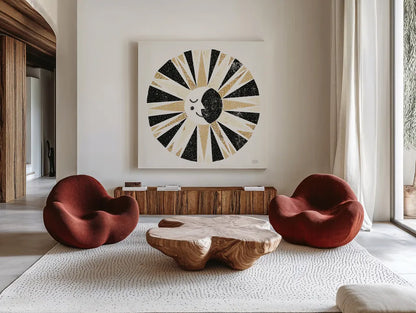 Moonshine Black Gold Sq by Michael Mullan. Shown as extra-large giant wall art in a modern living room. Available as an archival giclee rolled canvas, fine art paper, or poster print. SKU 53757a.