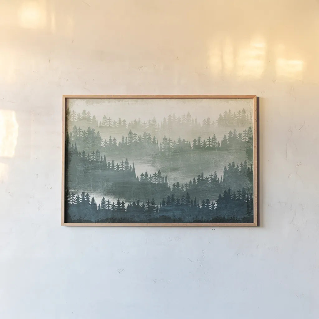 Mountainscape by Michael Mullan. shown as a paper print in a natural frame. Available as a archival giclee rolled canvas, fine art paper, or poster print. SKU 22465i.
