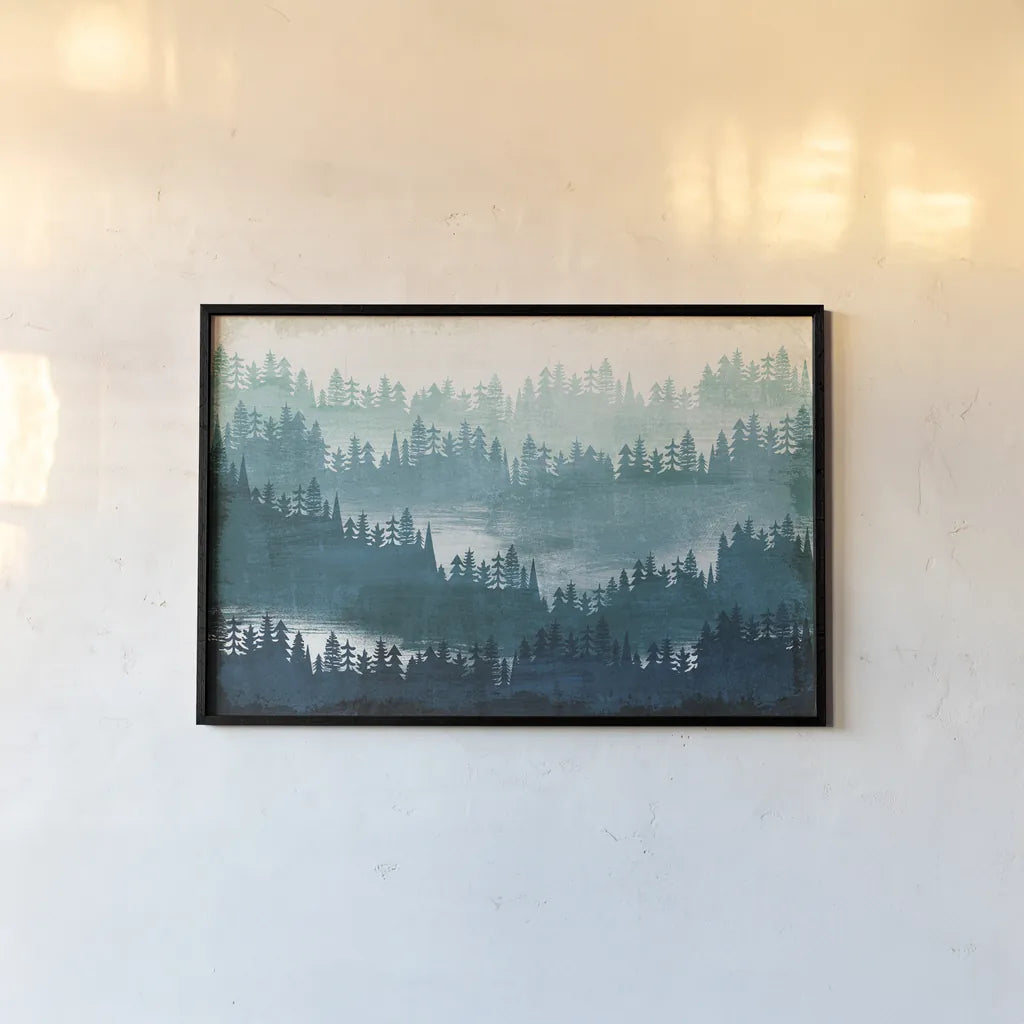 Mountainscape Blue by Michael Mullan. shown as a paper print in a black flame. Available as a archival giclee rolled canvas, fine art paper, or poster print. SKU 22466i.