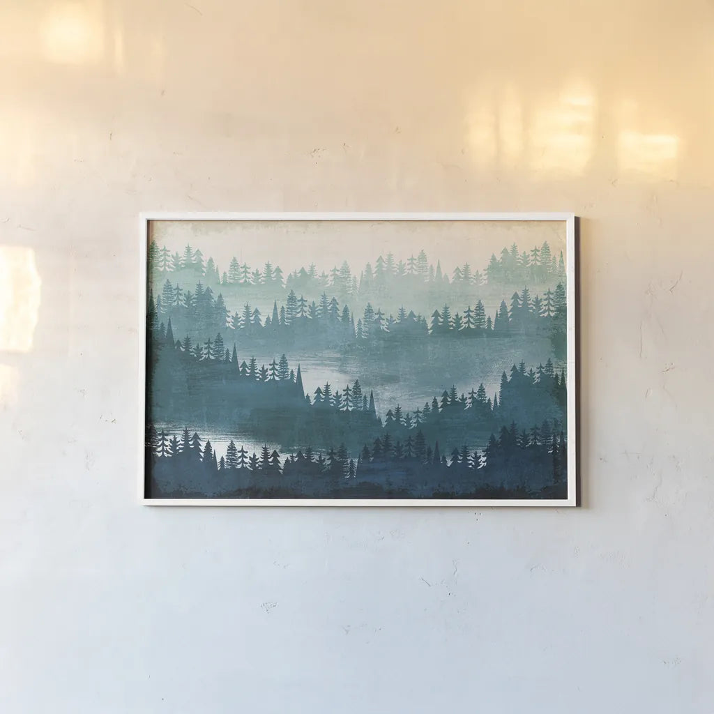 Mountainscape Blue by Michael Mullan. shown as a paper print in a white frame. Available as a archival giclee rolled canvas, fine art paper, or poster print. SKU 22466i.